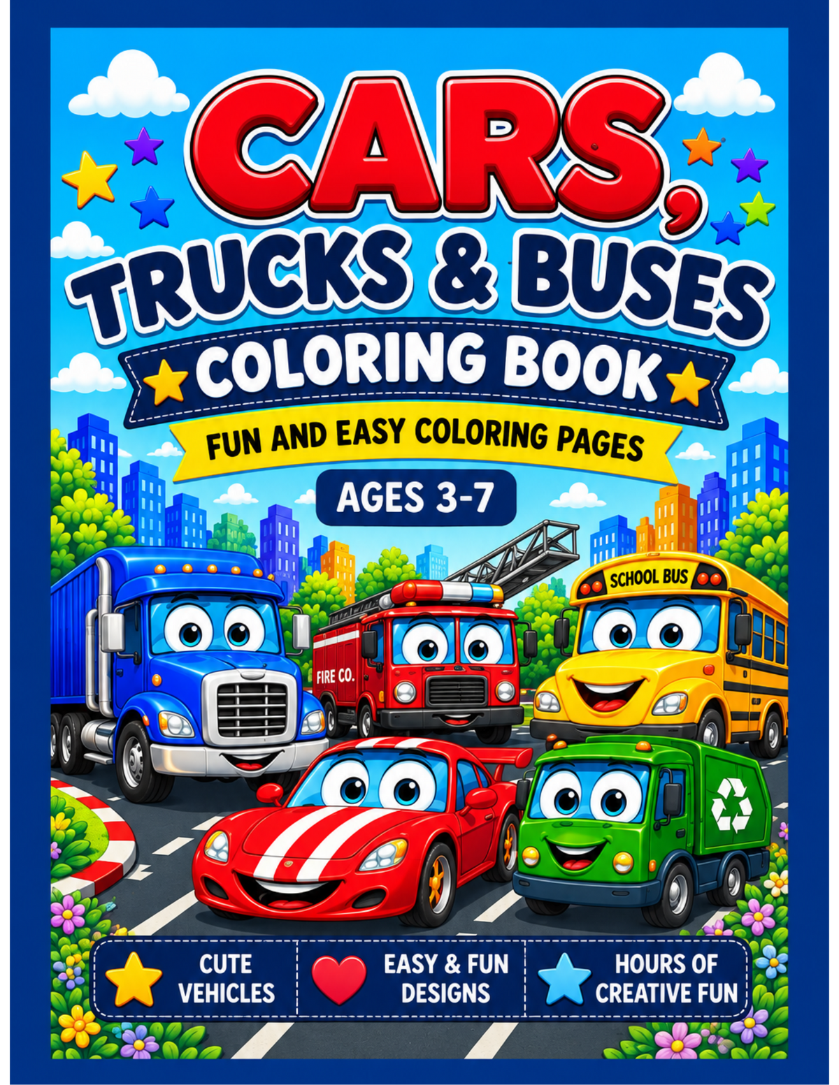 Cars, Trucks & Buses Coloring Book: Fun and Easy Coloring Pages for Kids Ages 3–7